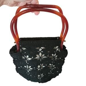 Vintage knit crochet top handle purse bag black BOHO chic Lucite snap shut